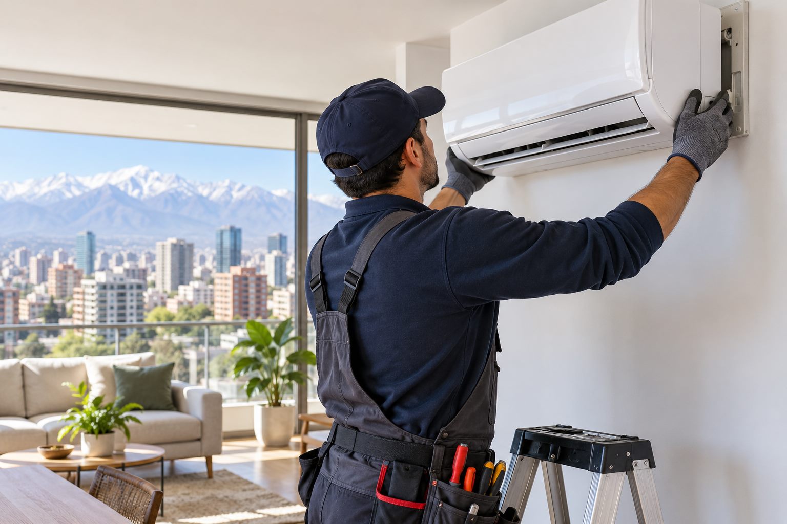 Imagen ilustrativa de un técnico instalando un equipo de aire acondicionado en una vivienda
