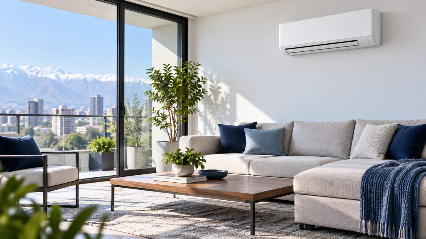 Ambiente residencial ilustrativo con aire acondicionado