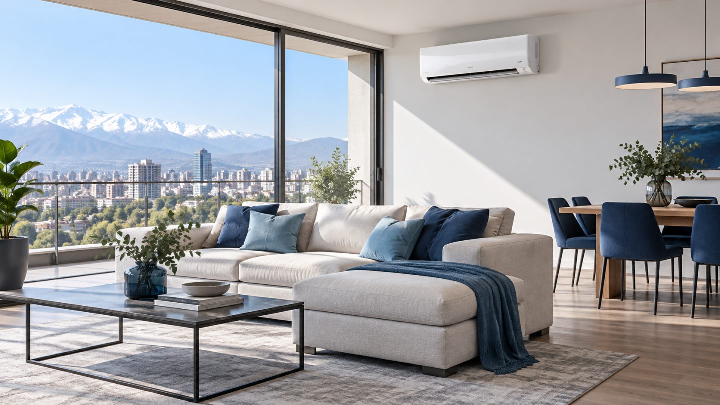 Ambiente residencial ilustrativo con aire acondicionado
